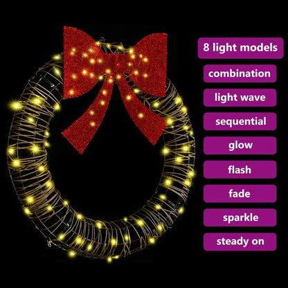 Kranz mit 80 LEDs Warmweiß 90 x 90 x 9 cm Rattan