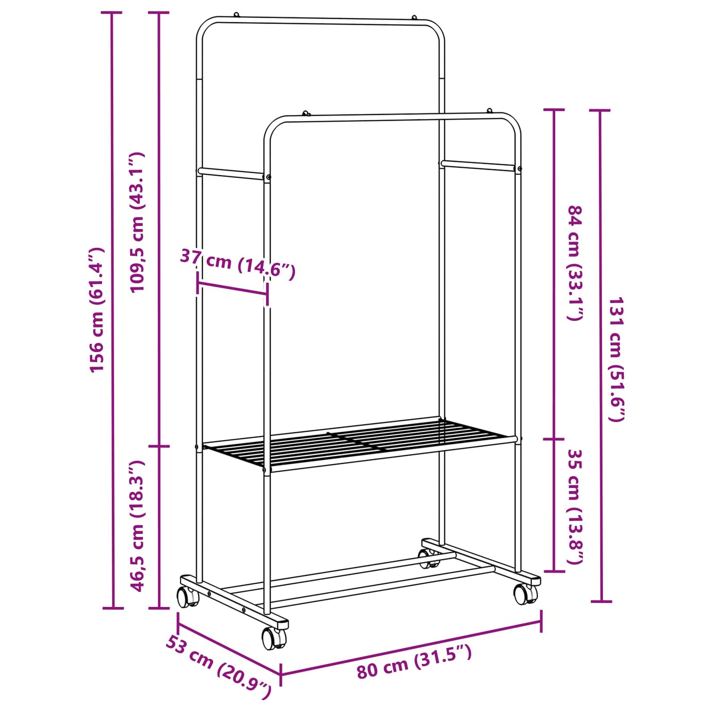 Kleiderständer mit Regal Mit Rad Weiß 80 x 53 x 156 cm