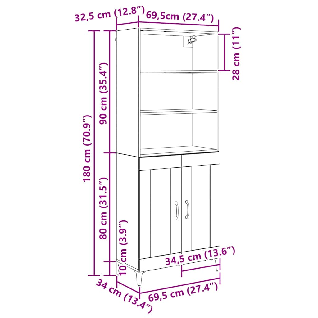 vidaXL Highboard Artisan-Eiche 69,5 x 34 x 180 cm Holzwerkstoff