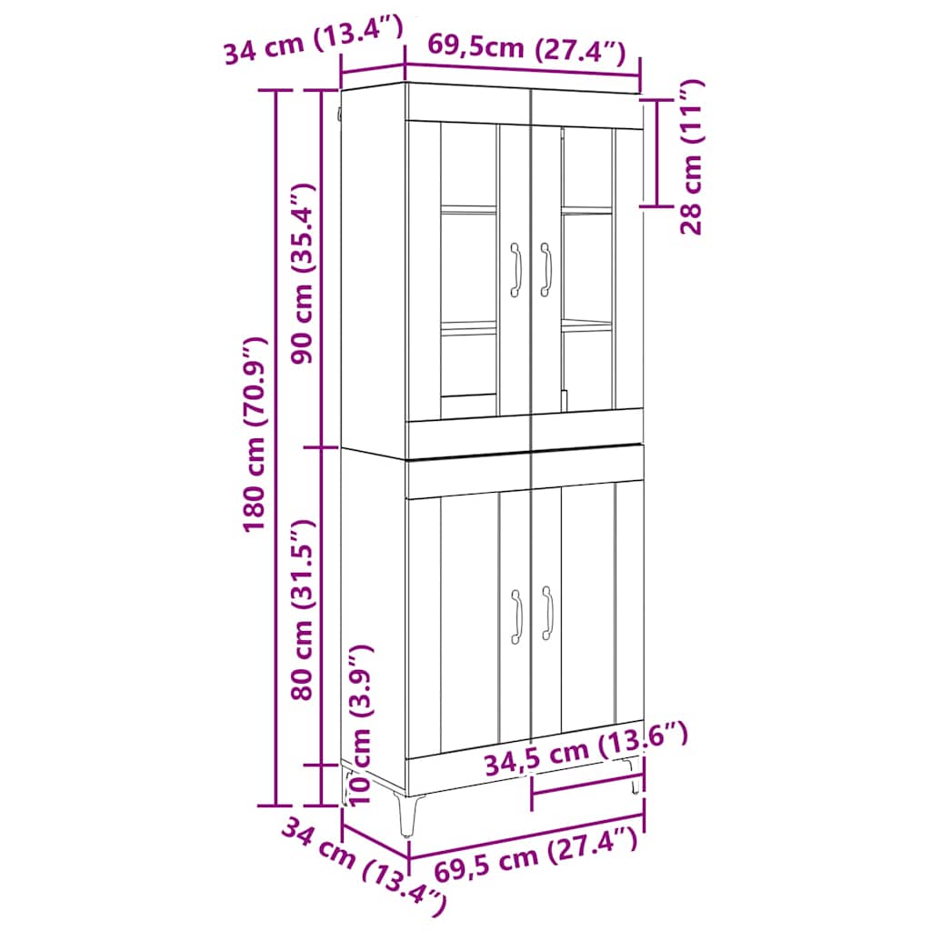 vidaXL Buffet haut noir aspect chêne 69,5 x 34 x 180 cm Bois d'ingénierie