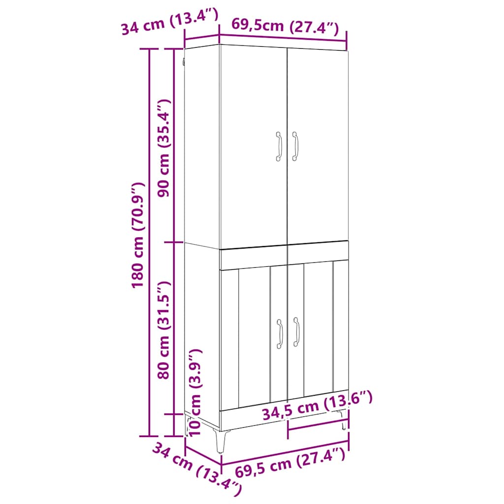 vidaXL Buffet haut noir aspect chêne 69,5 x 34 x 180 cm Bois d'ingénierie