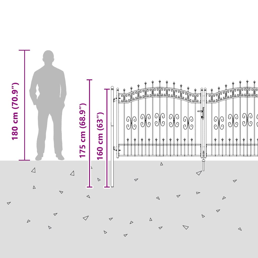 Zauntor mit Speer-Top mit Schloss Grau 305 x 125 cm Stahl