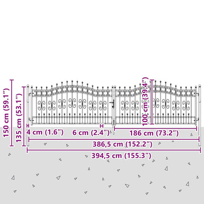 Zauntor mit Speer-Top mit Schloss Grau 404 x 100 cm Stahl