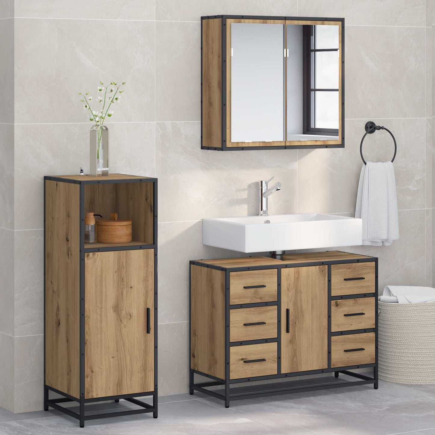 vidaXL Badezimmermöbel Set mit Tür 3 pcs Artisan-Eiche 80 x 33 x 60 cm