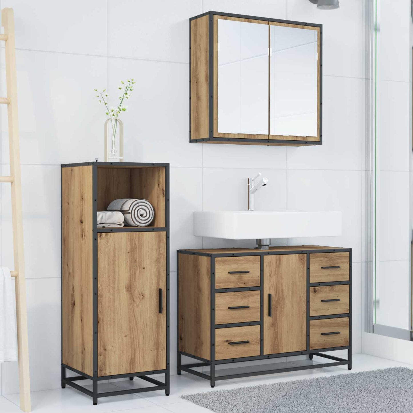 vidaXL Badezimmermöbel Set mit Tür 3 pcs Artisan-Eiche 80 x 33 x 60 cm