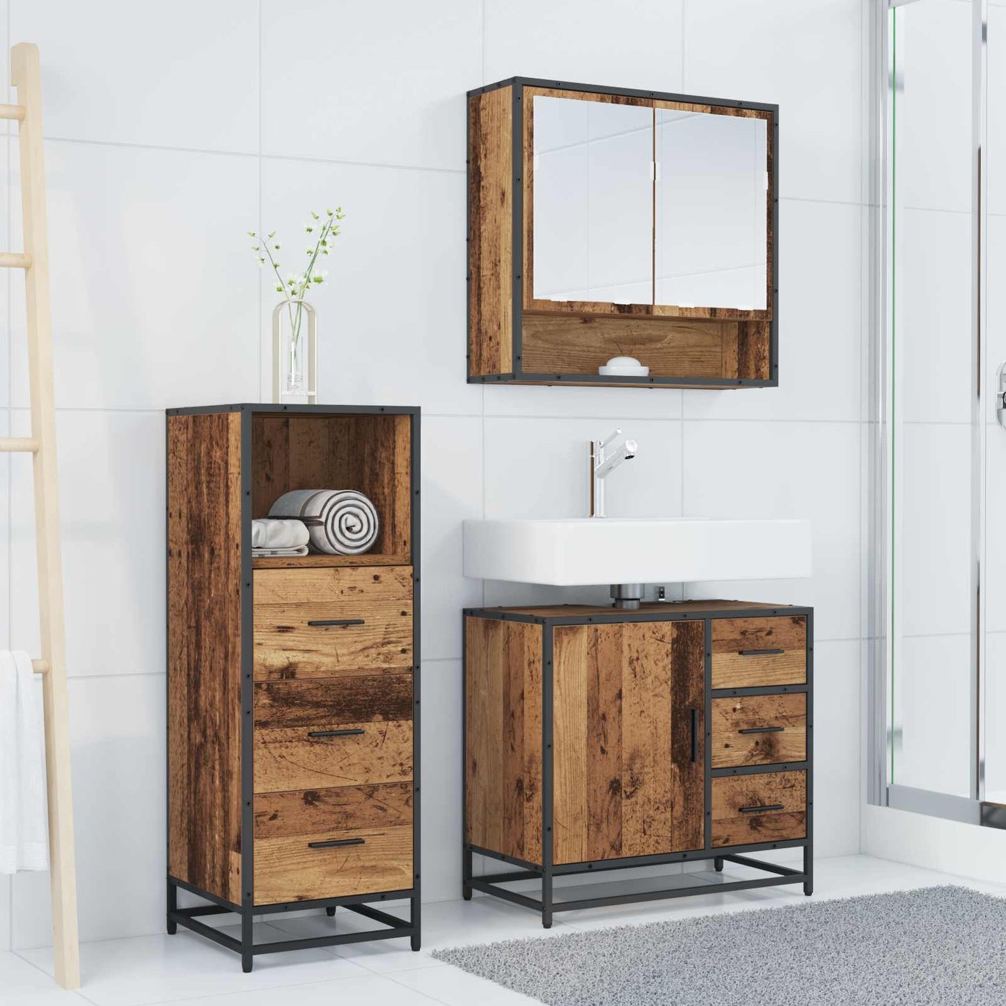 vidaXL Badezimmermöbel-Set mit Schubladen 3 pcs Altholz Holzwerkstoff