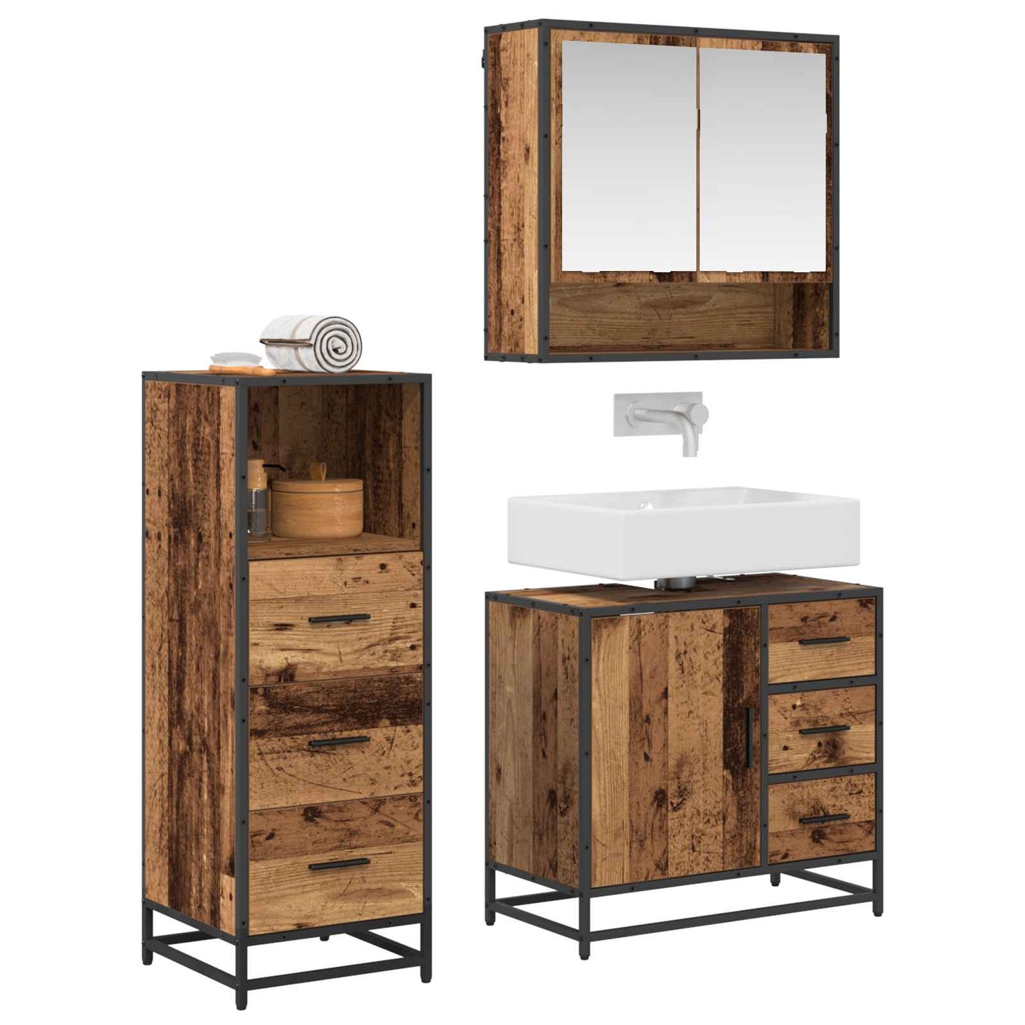 vidaXL Badezimmermöbel-Set mit Schubladen 3 pcs Altholz Holzwerkstoff