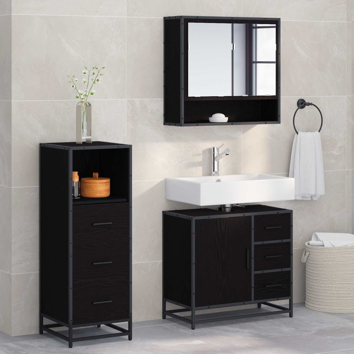 vidaXL Badezimmermöbel-Set 3 pcs Schwarz Eichen-Optik Holzwerkstoff