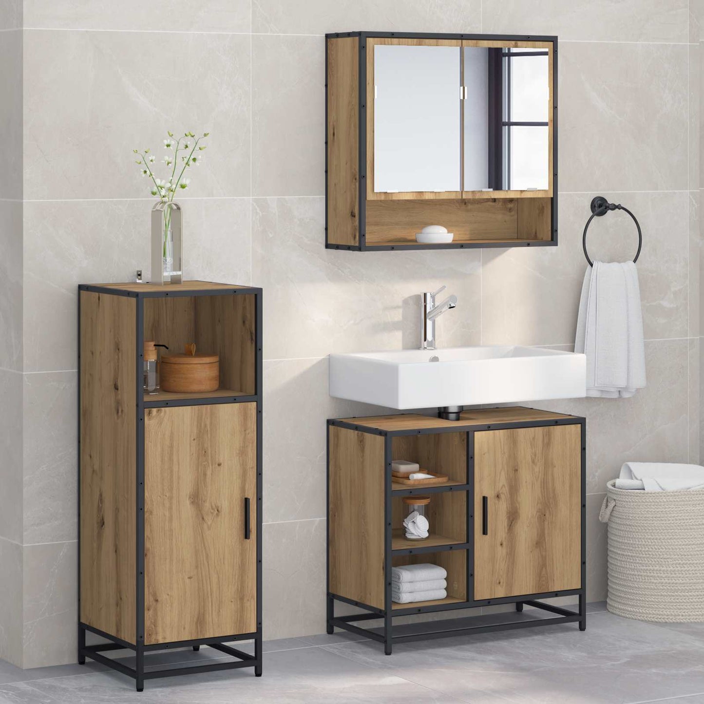 vidaXL Badezimmermöbel-Set mit Regal 3 pcs Artisan-Eiche Holzwerkstoff