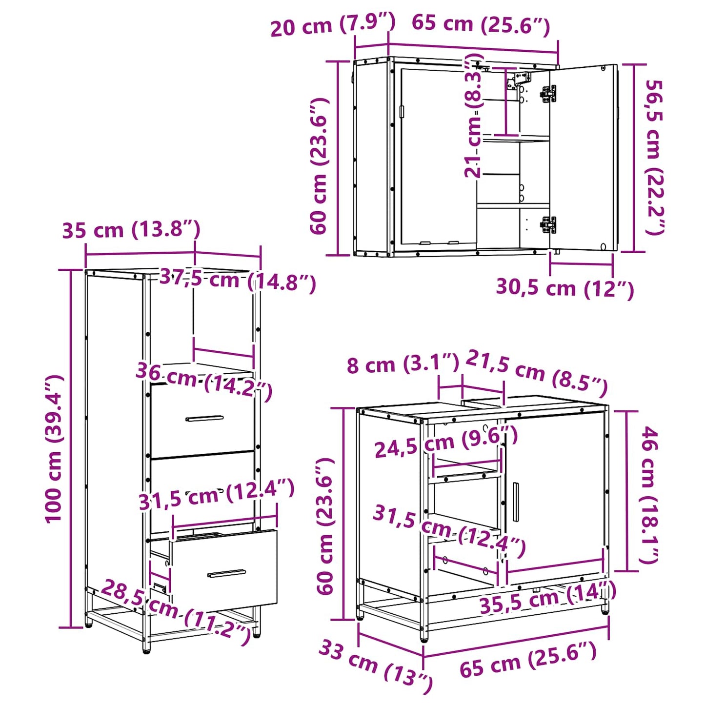 vidaXL Badezimmermöbel-Set mit Schubladen 3 pcs Altholz Holzwerkstoff