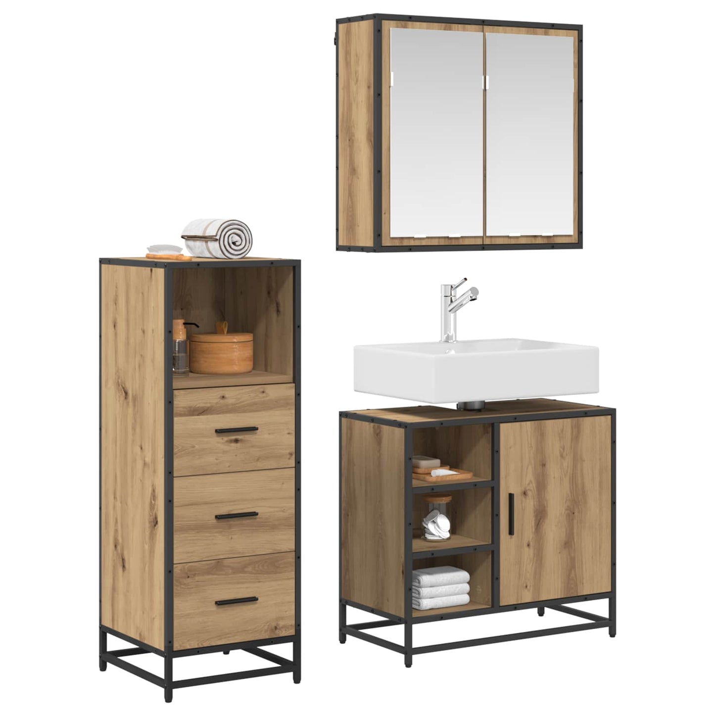 vidaXL Badezimmermöbel-Set mit Regal 3 pcs Artisan-Eiche Holzwerkstoff