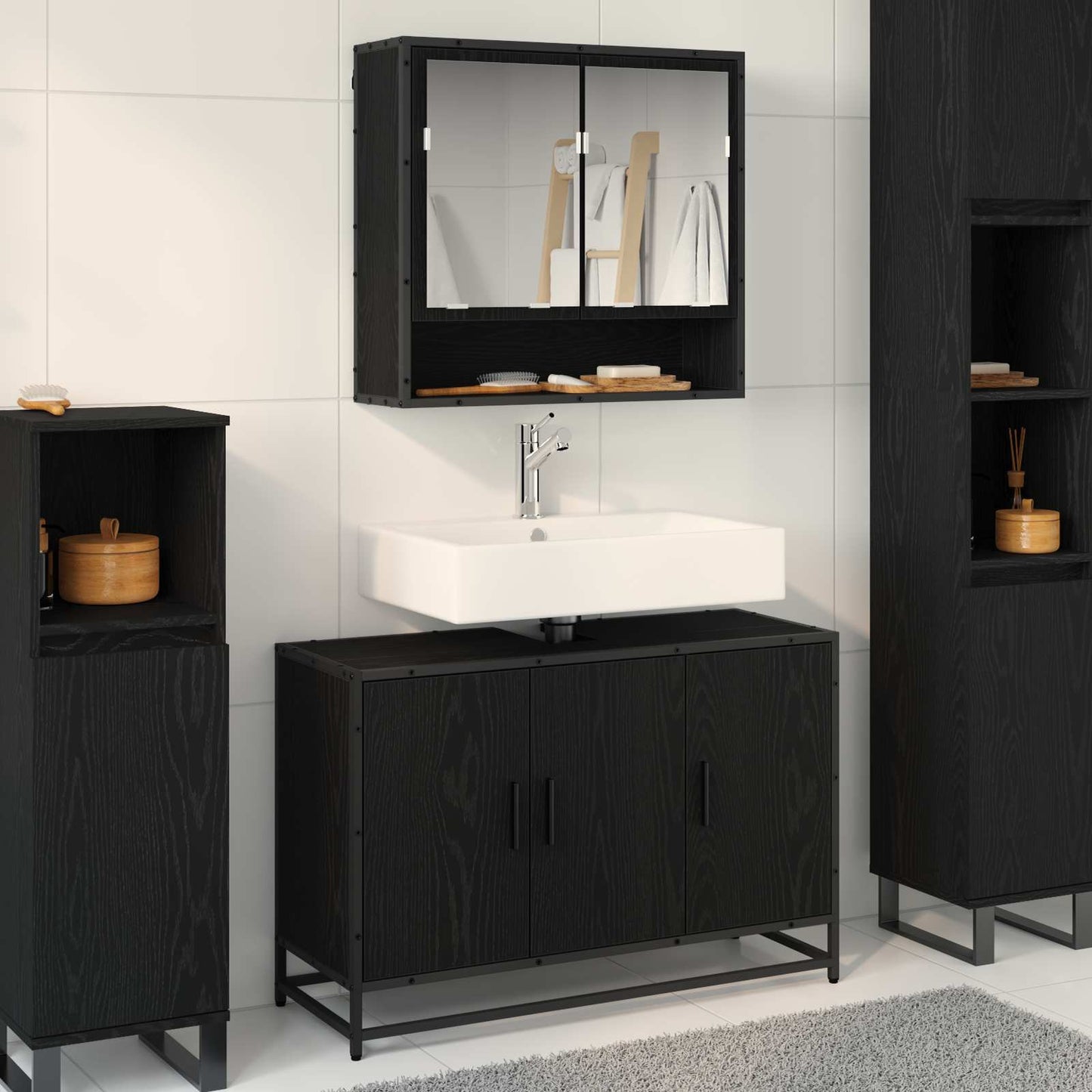 vidaXL Badezimmermöbel-Set 2 pcs Schwarz Eichen-Optik Holzwerkstoff