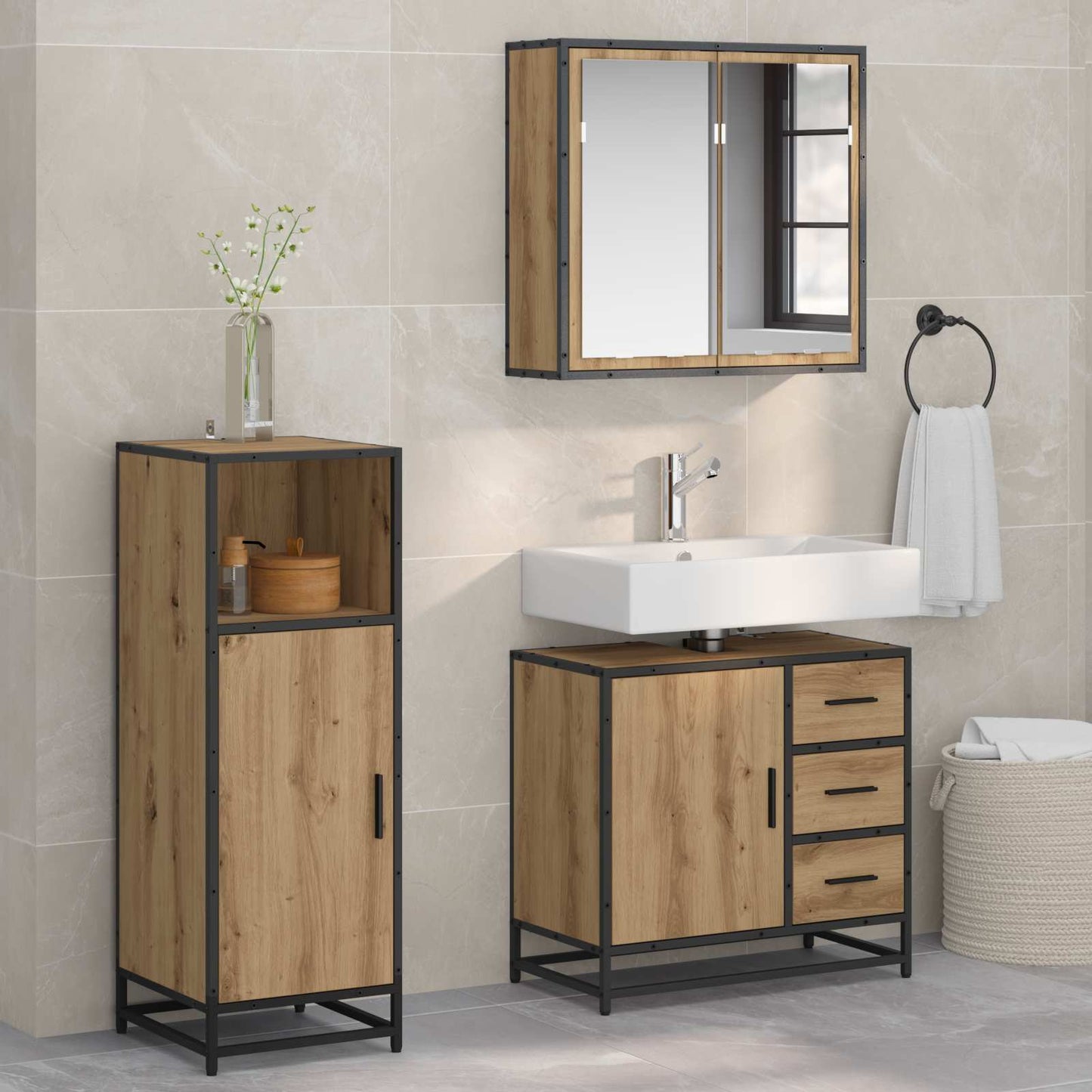 vidaXL Badezimmermöbel-Set mit Regal 3 pcs Artisan-Eiche Holzwerkstoff