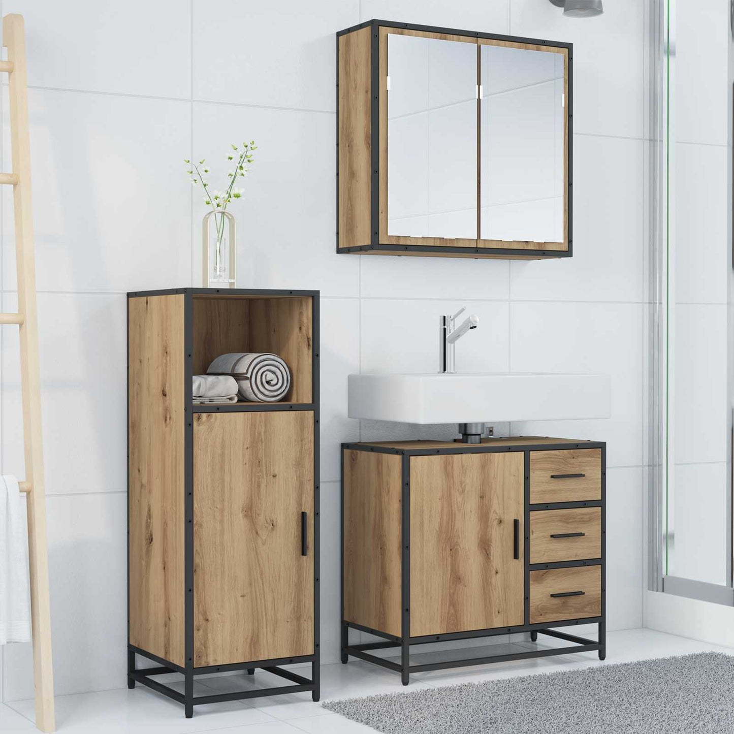 vidaXL Badezimmermöbel-Set mit Regal 3 pcs Artisan-Eiche Holzwerkstoff