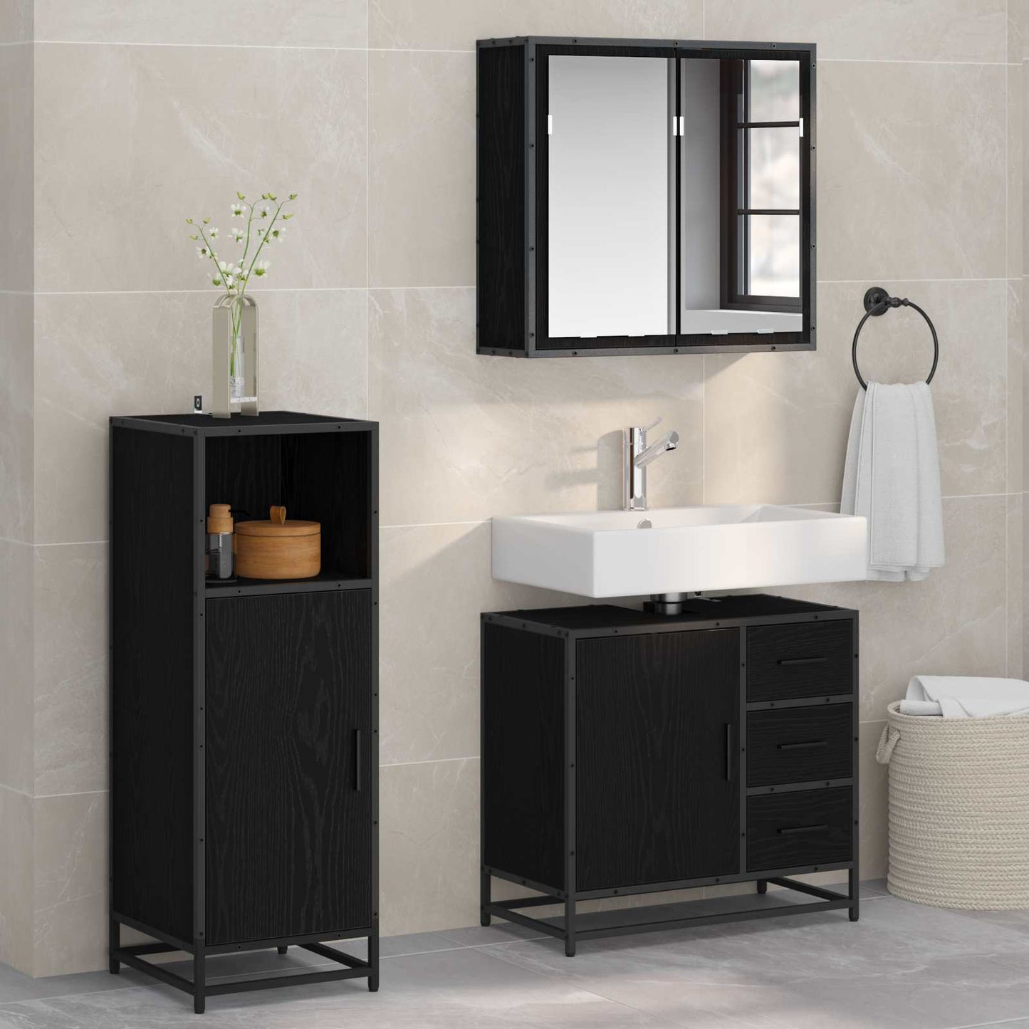 vidaXL Ensemble de meubles de salle de bain 3 pcs Noir Effet chêne Bois d'ingénierie