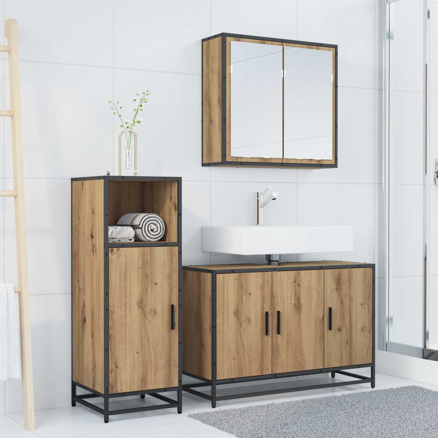 vidaXL Badezimmermöbel-Set mit Regal 3 pcs Artisan-Eiche Holzwerkstoff