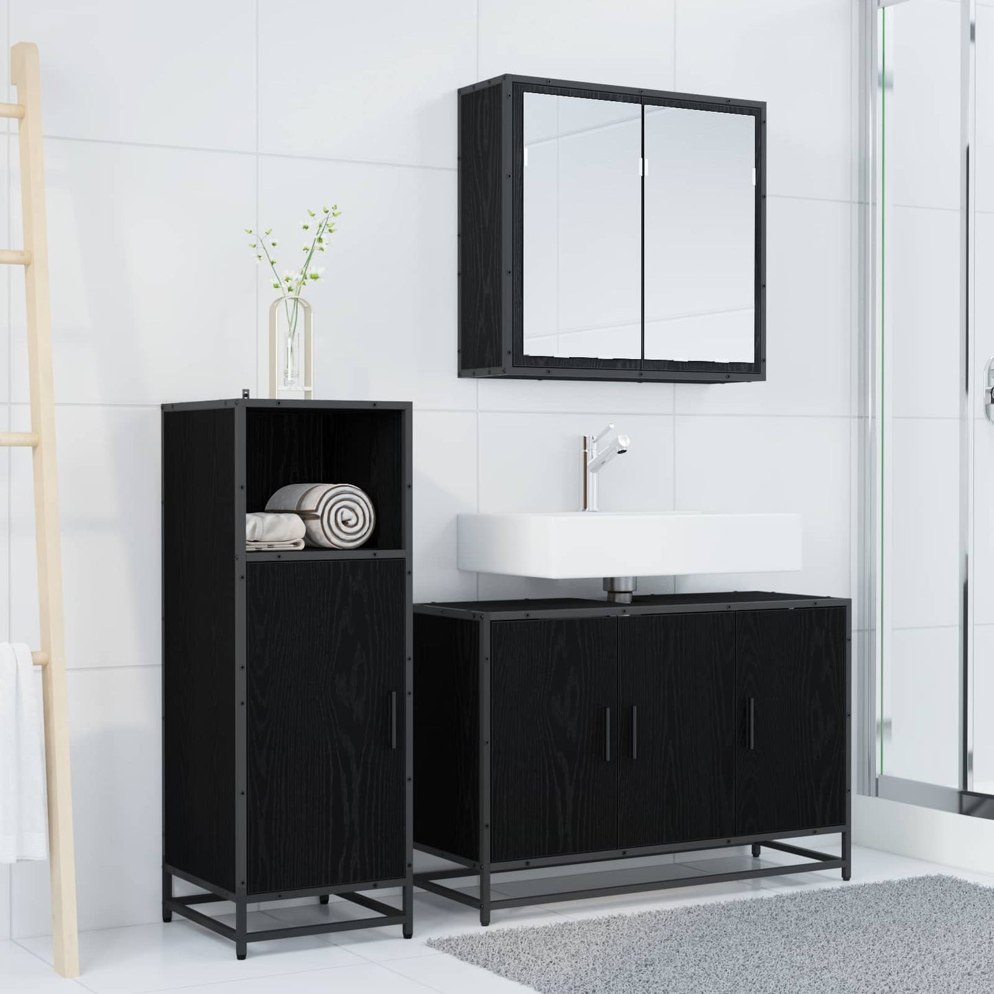 vidaXL Badezimmermöbel-Set 3 pcs Schwarz Eichen-Optik Holzwerkstoff