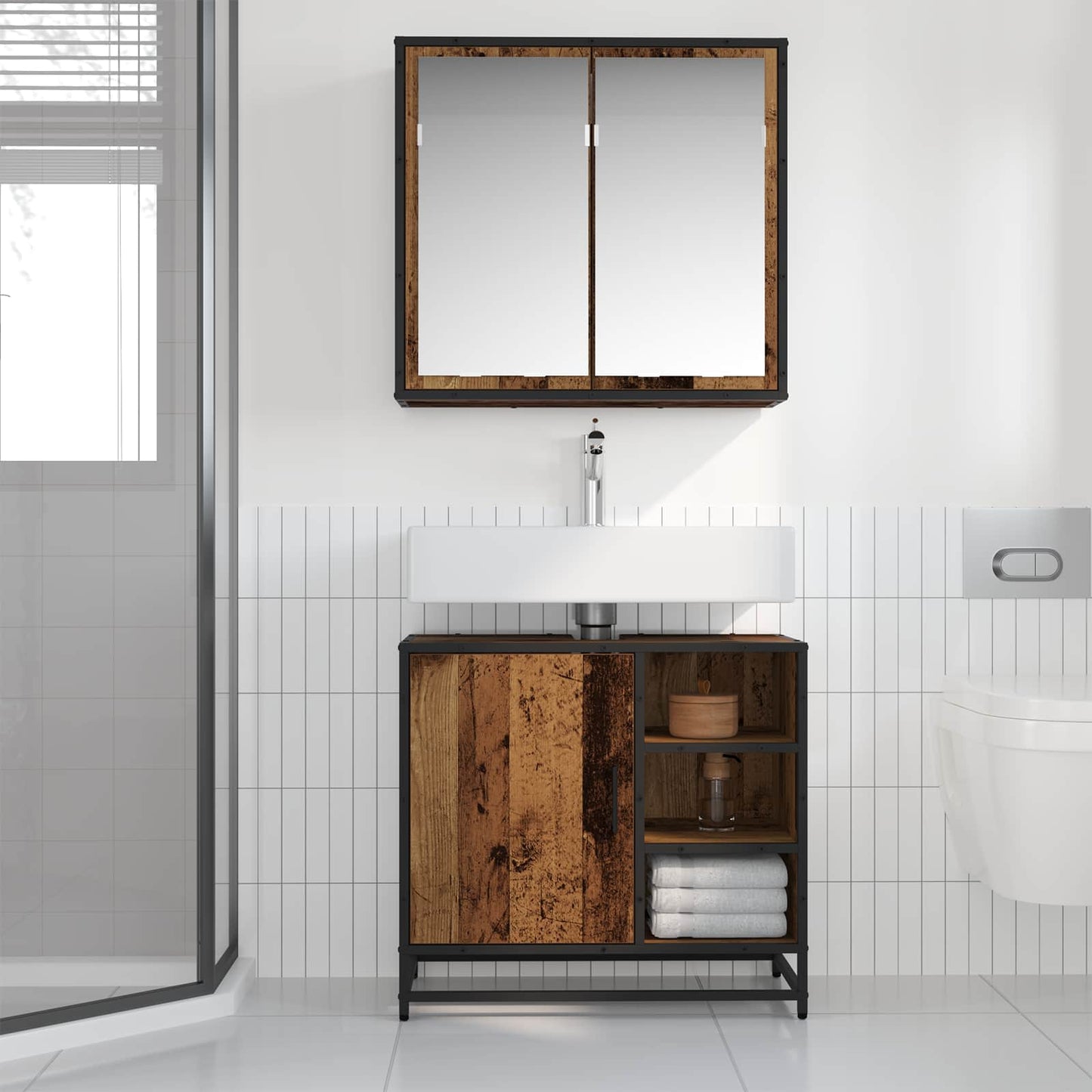 vidaXL Badezimmermöbel-Set mit Regal 2 pcs Altholz Holzwerkstoff