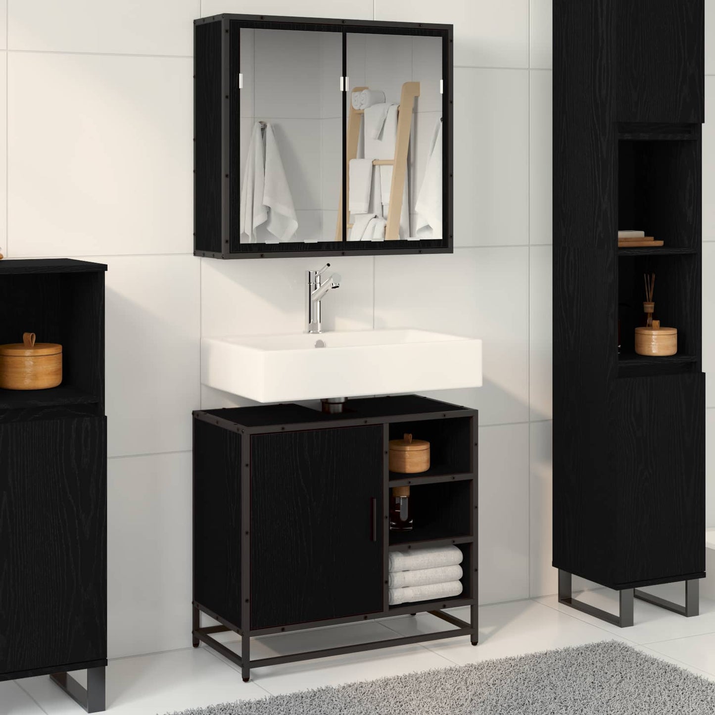 vidaXL Ensemble de meubles de salle de bain 2 pcs Noir aspect chêne Aggloméré