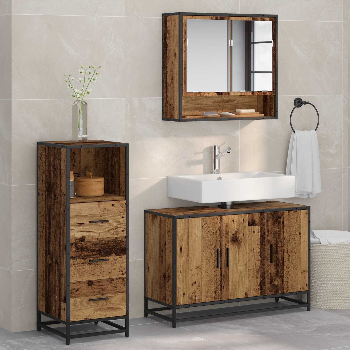 vidaXL Badezimmermöbel-Set mit Schubladen 3 pcs Altholz Holzwerkstoff