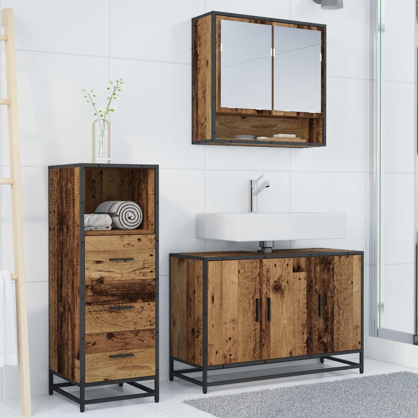 vidaXL Badezimmermöbel-Set mit Schubladen 3 pcs Altholz Holzwerkstoff