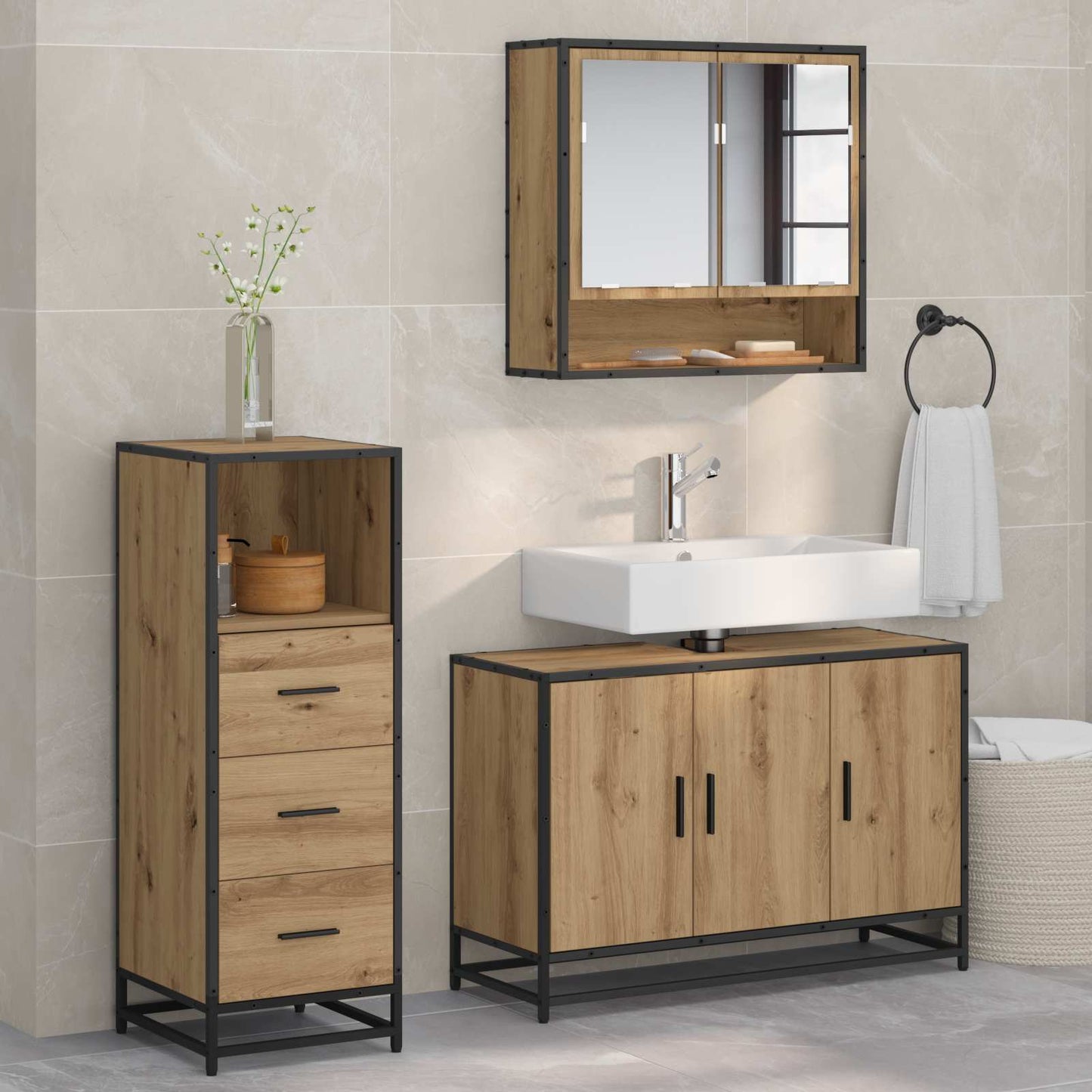 vidaXL Badezimmermöbel-Set mit Regal 3 pcs Artisan-Eiche Holzwerkstoff
