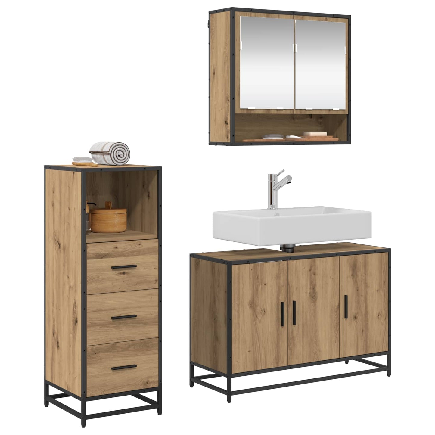 vidaXL Badezimmermöbel-Set mit Regal 3 pcs Artisan-Eiche Holzwerkstoff