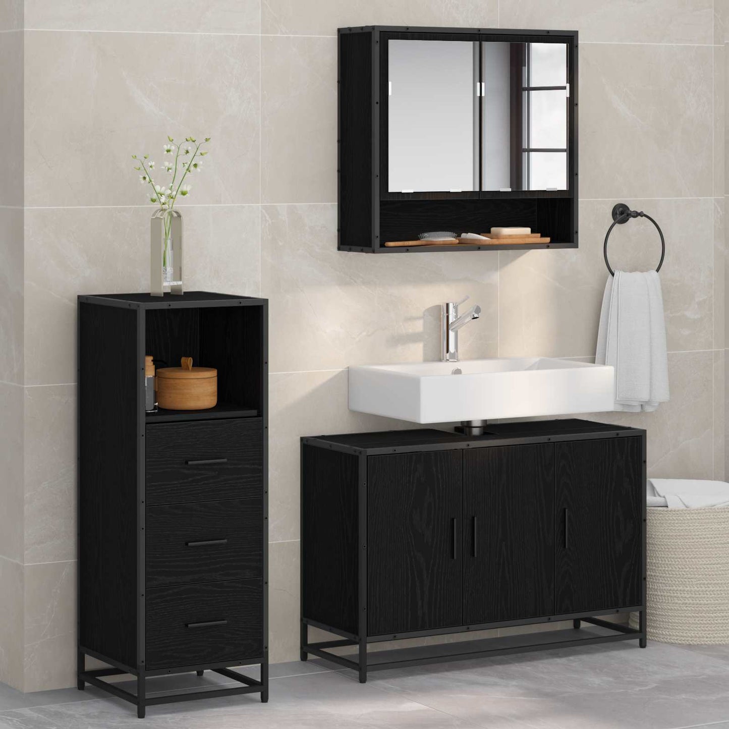 vidaXL Badezimmermöbel-Set 3 pcs Schwarz Eichen-Optik Holzwerkstoff