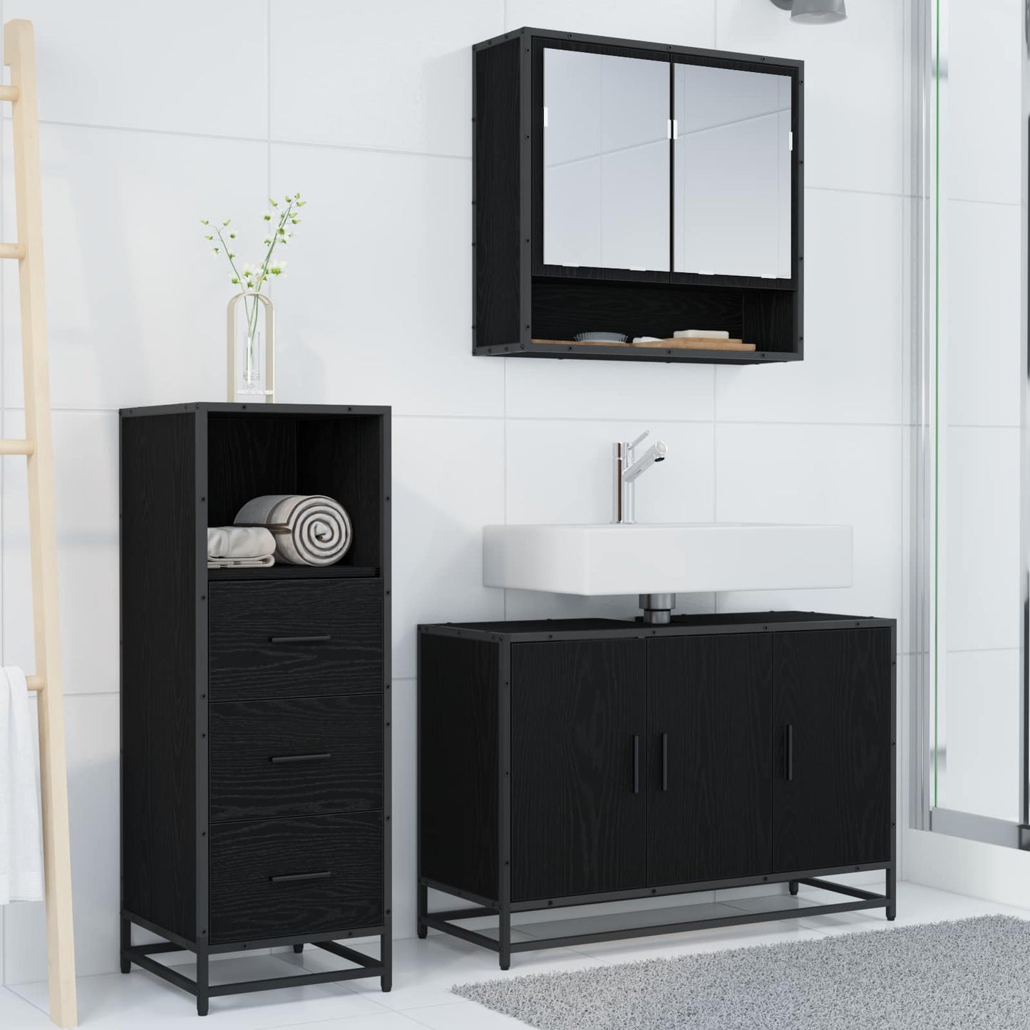 vidaXL Badezimmermöbel-Set 3 pcs Schwarz Eichen-Optik Holzwerkstoff