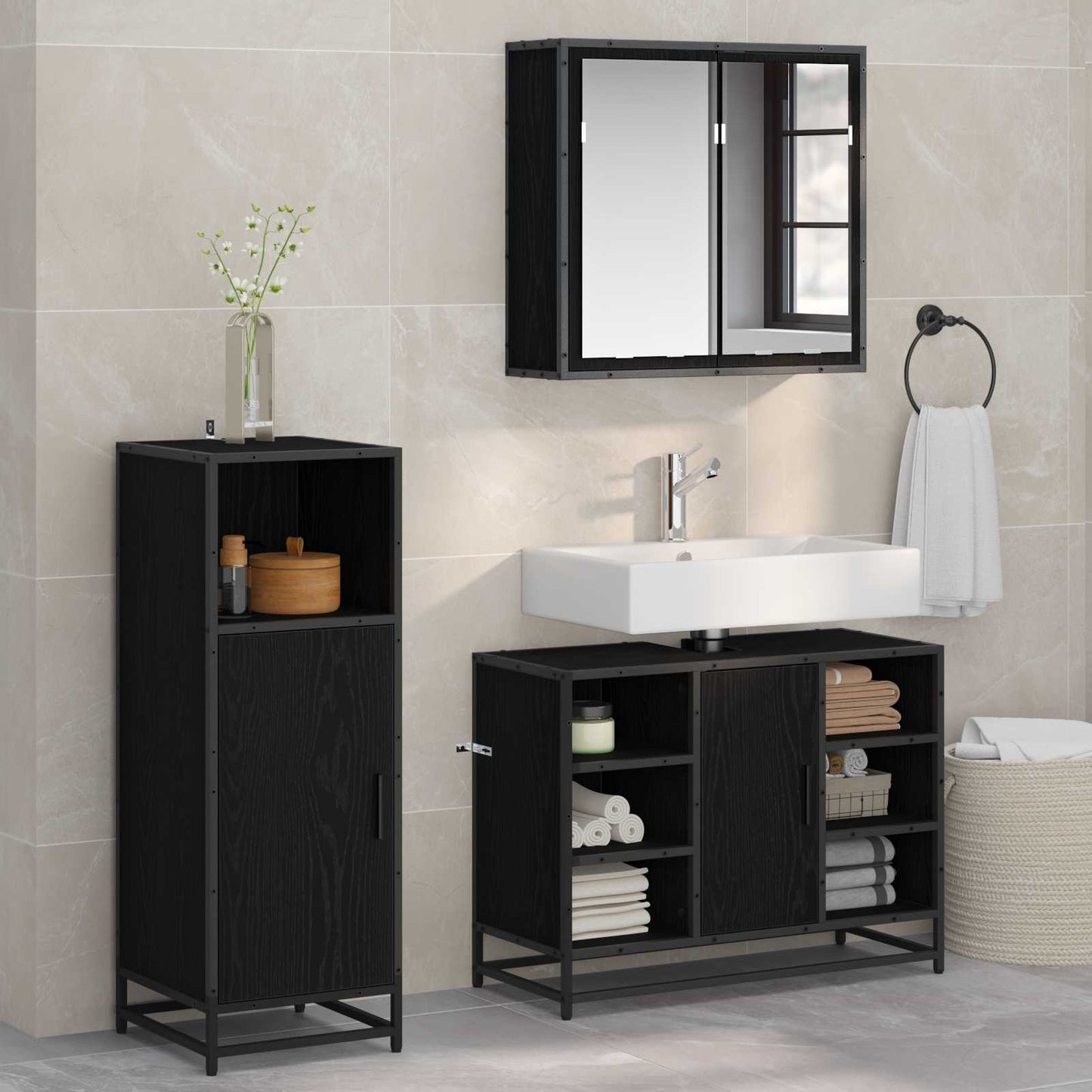 vidaXL Badezimmermöbel-Set 3 pcs Schwarz Eichen-Optik Holzwerkstoff
