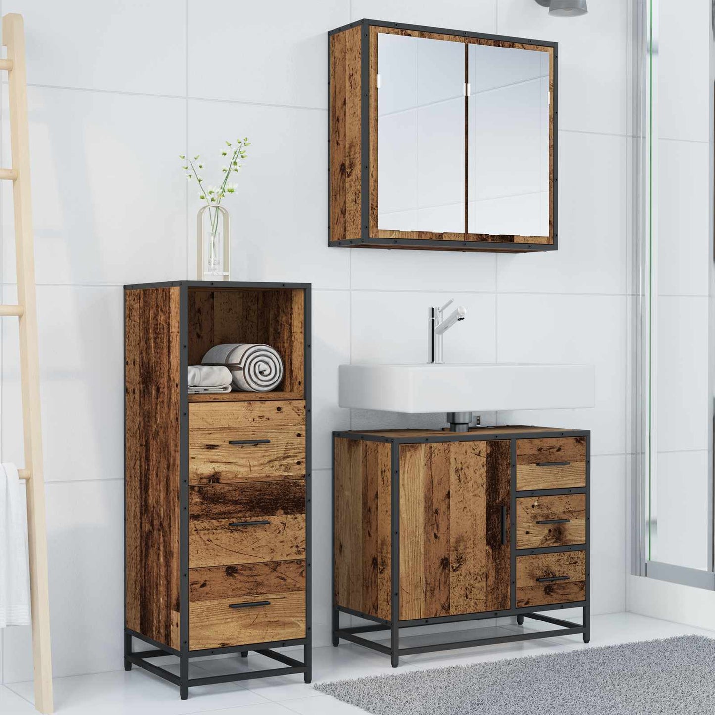 vidaXL Badezimmermöbel-Set mit Schubladen 3 pcs Altholz Holzwerkstoff