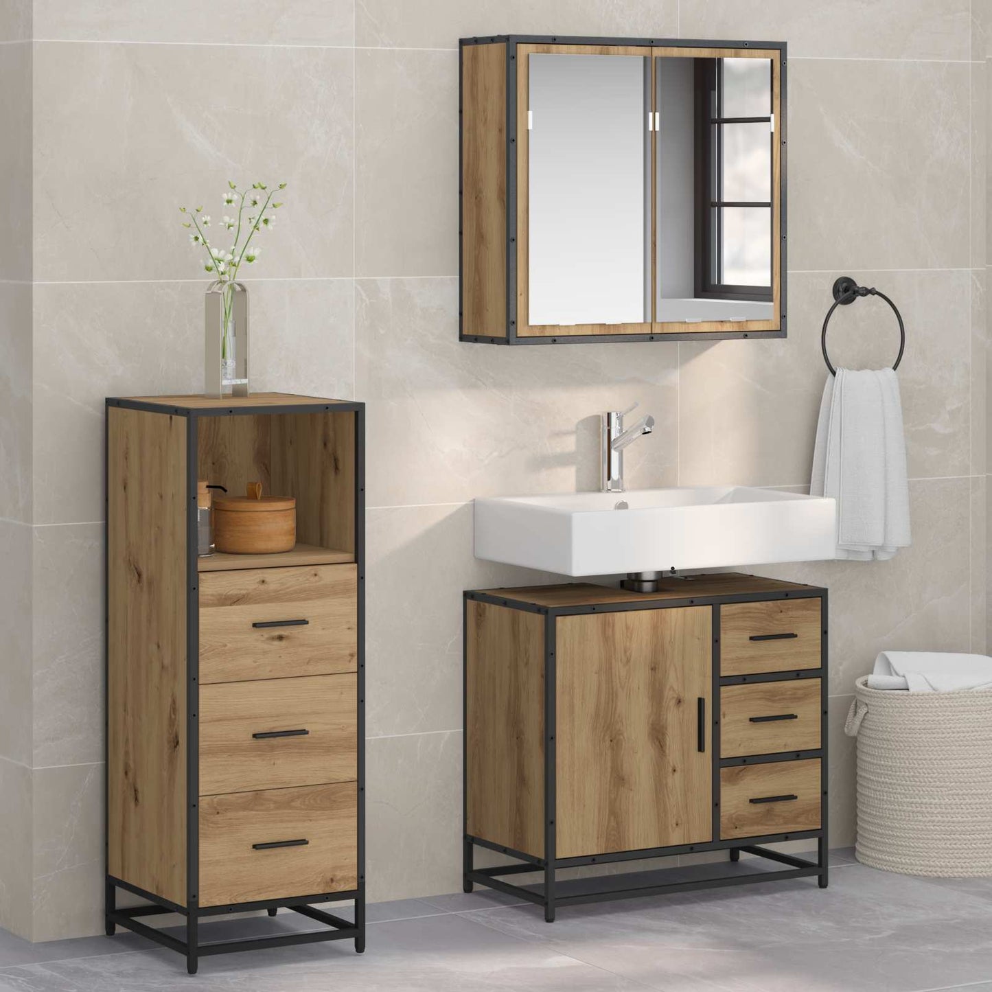 vidaXL Badezimmermöbel-Set mit Regal 3 pcs Artisan-Eiche Holzwerkstoff