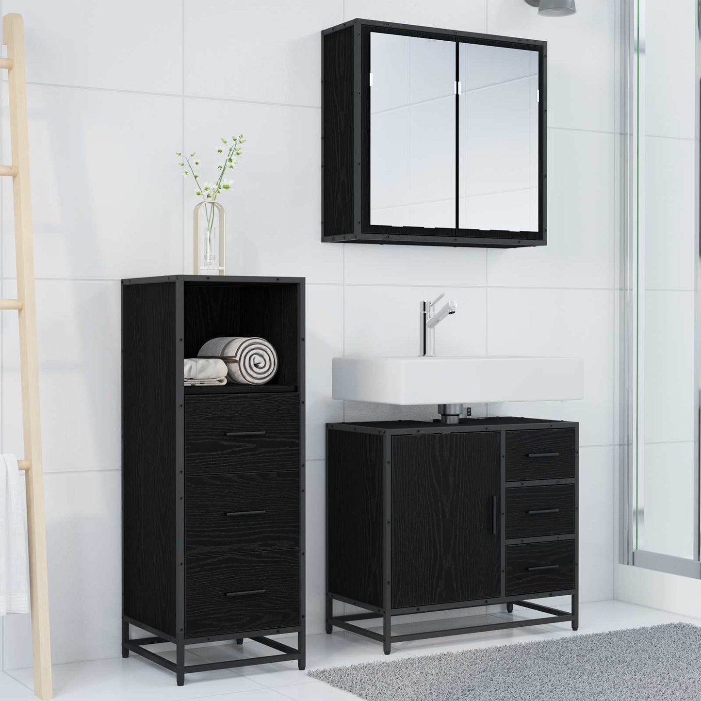 vidaXL Badezimmermöbel-Set 3 pcs Schwarz Eichen-Optik Holzwerkstoff
