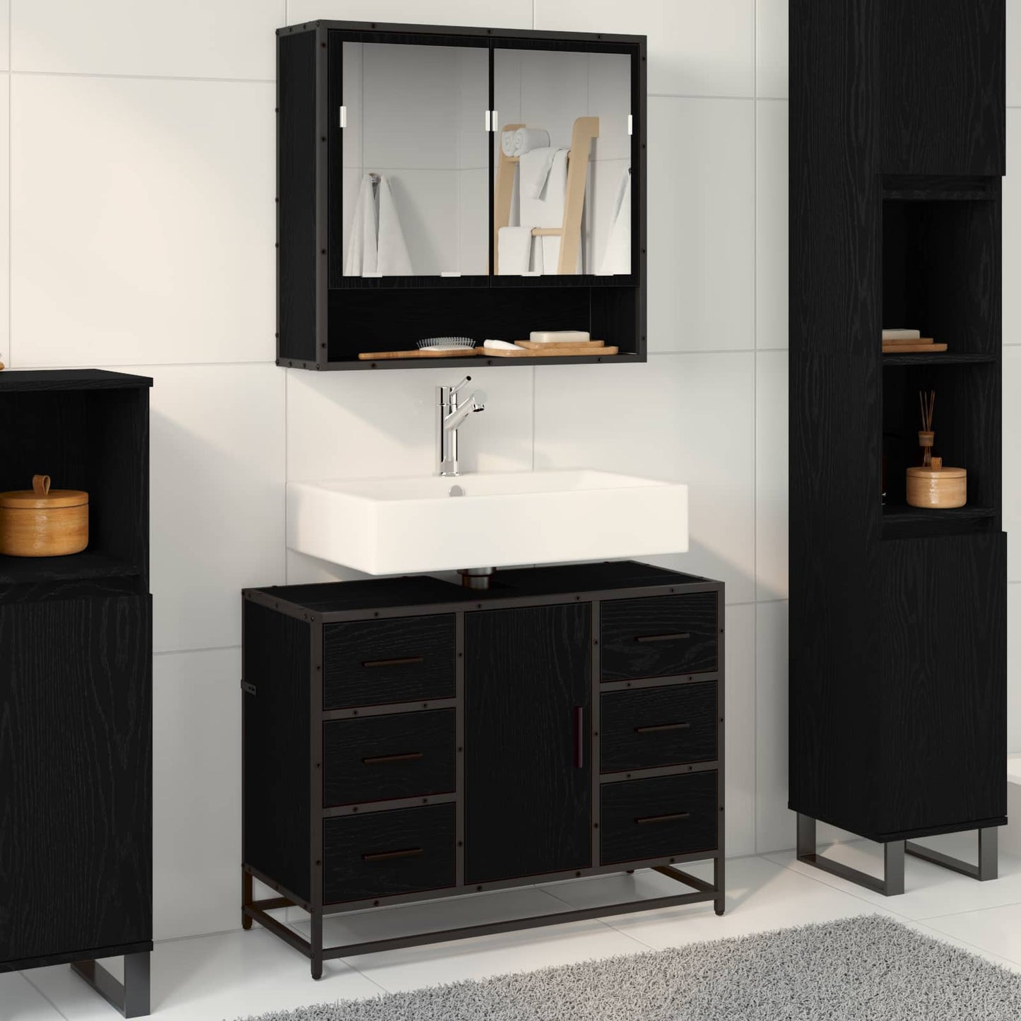 vidaXL Ensemble de meubles de salle de bain 2 pcs Noir aspect chêne Aggloméré