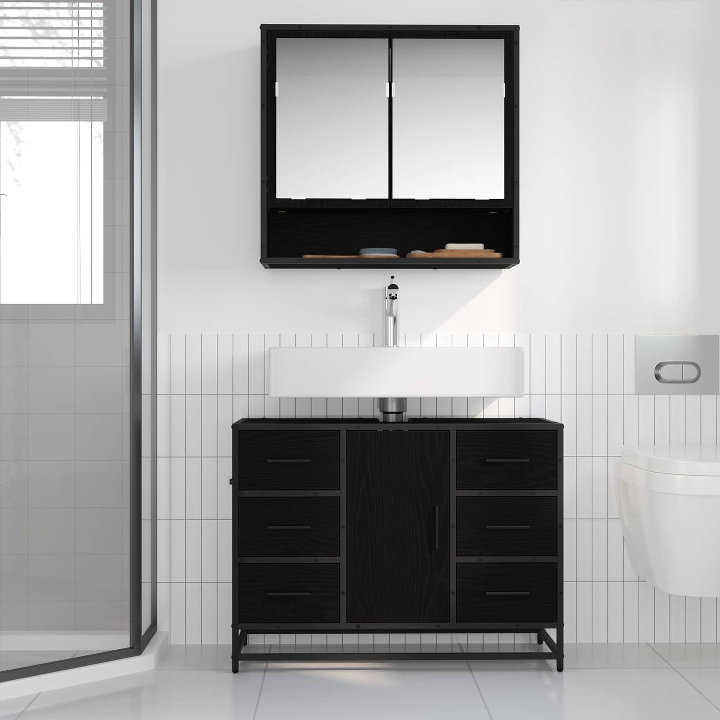 vidaXL Ensemble de meubles de salle de bain 2 pcs Noir aspect chêne Aggloméré