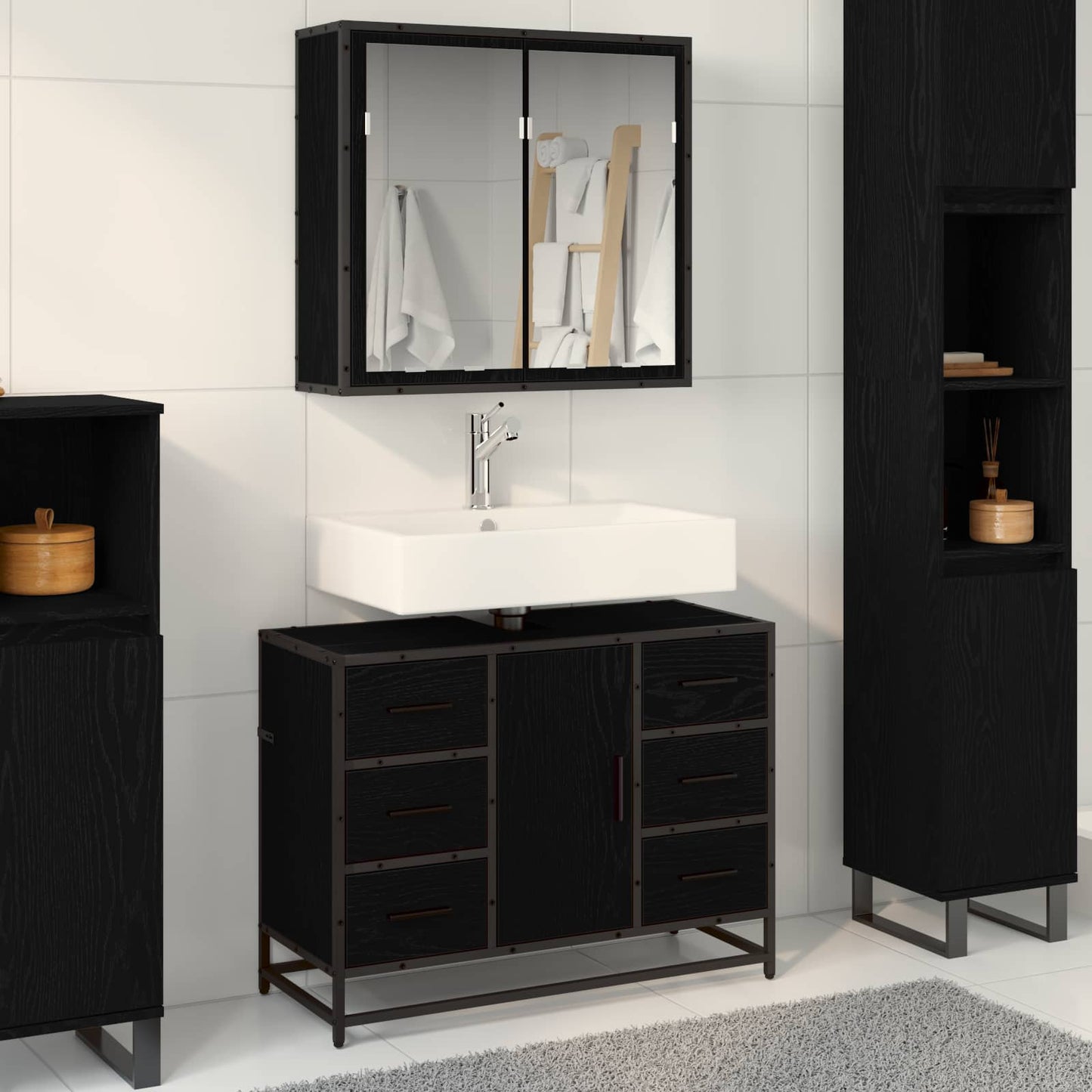 vidaXL Ensemble de meubles de salle de bain 2 pcs Noir aspect chêne Aggloméré