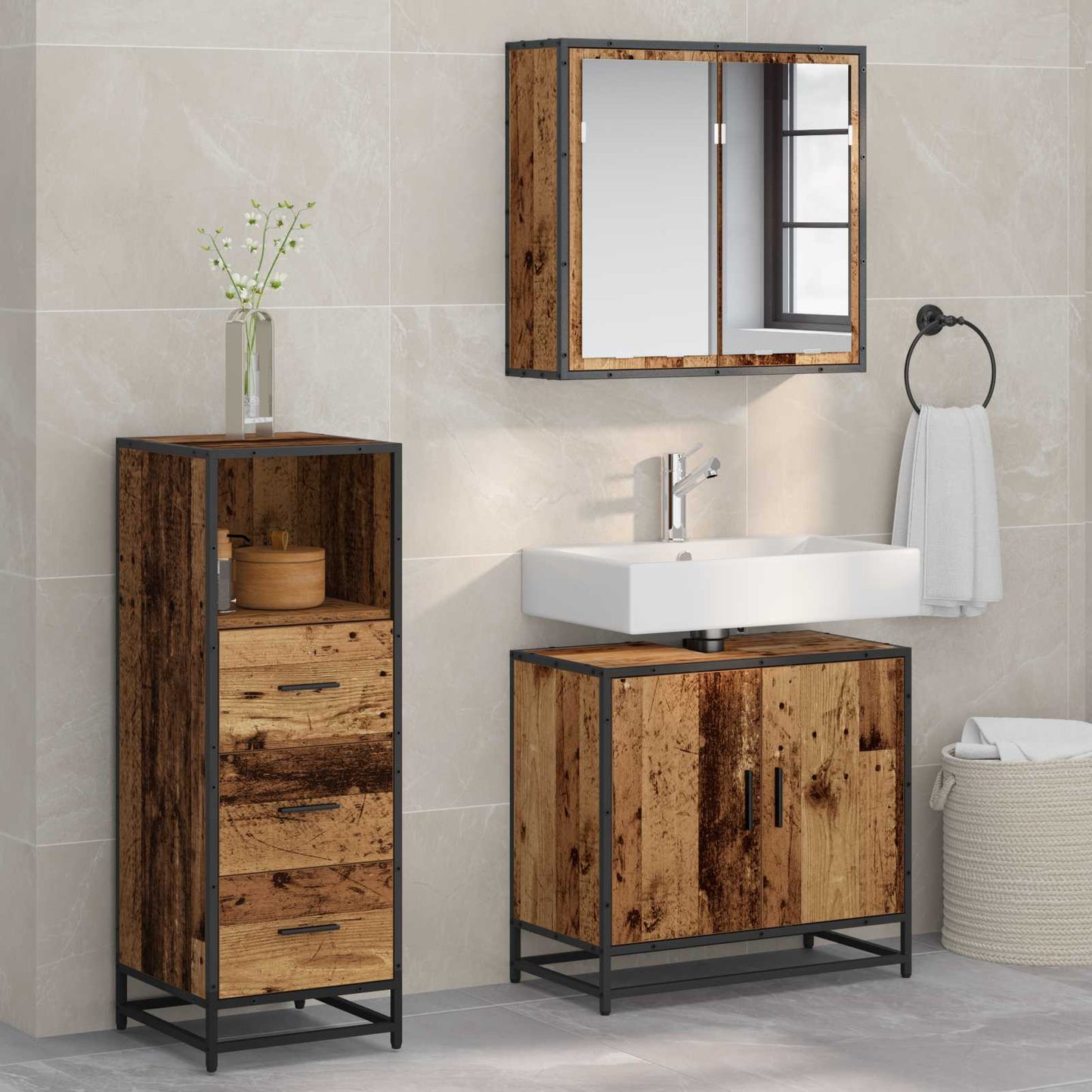 vidaXL Badezimmermöbel-Set mit Schubladen 3 pcs Altholz Holzwerkstoff