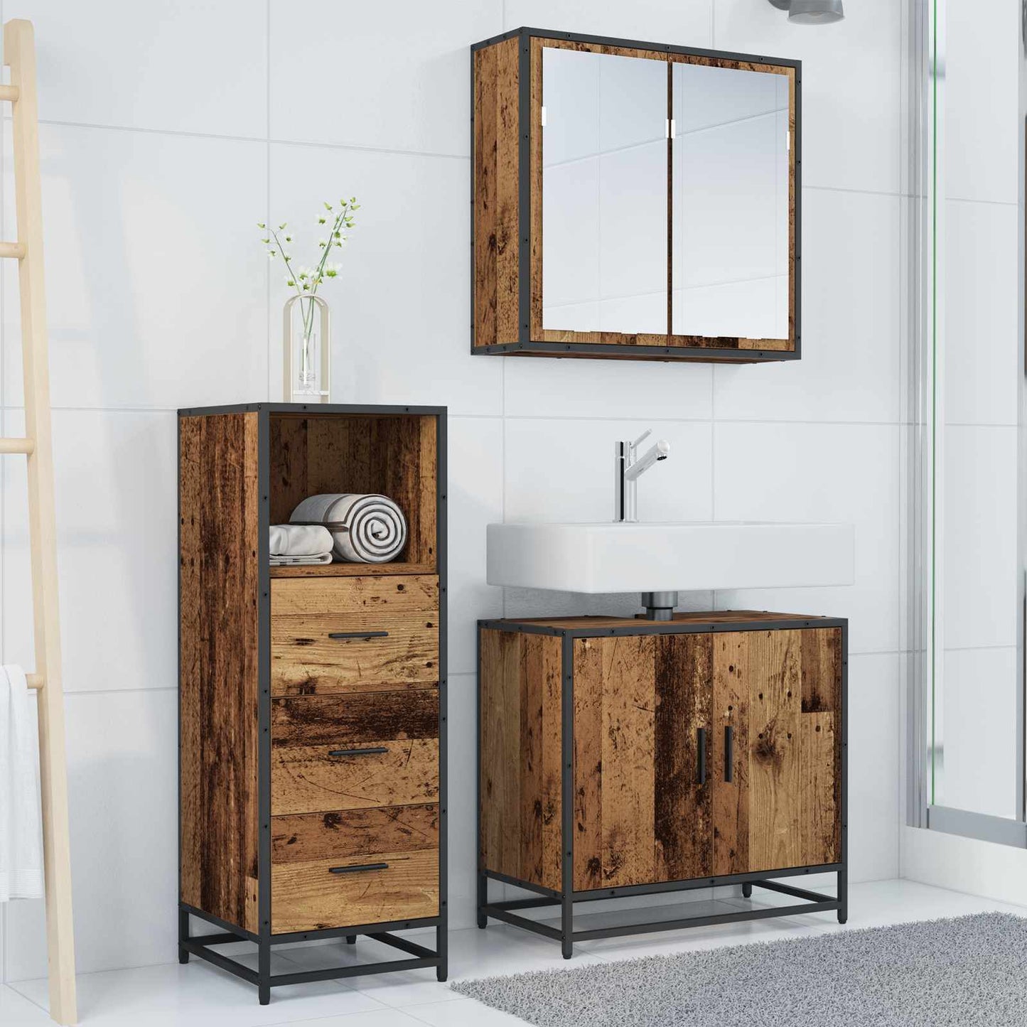 vidaXL Badezimmermöbel-Set mit Schubladen 3 pcs Altholz Holzwerkstoff