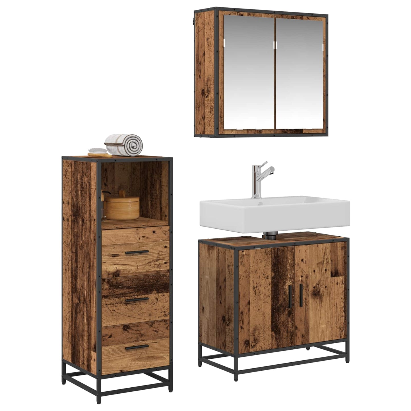 vidaXL Badezimmermöbel-Set mit Schubladen 3 pcs Altholz Holzwerkstoff