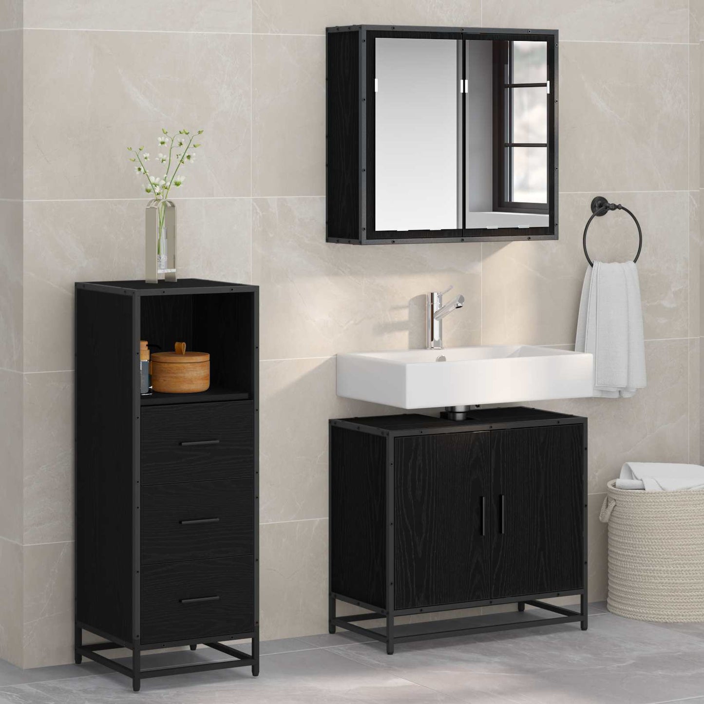 vidaXL Badezimmermöbel-Set 3 pcs Schwarz Eichen-Optik Holzwerkstoff
