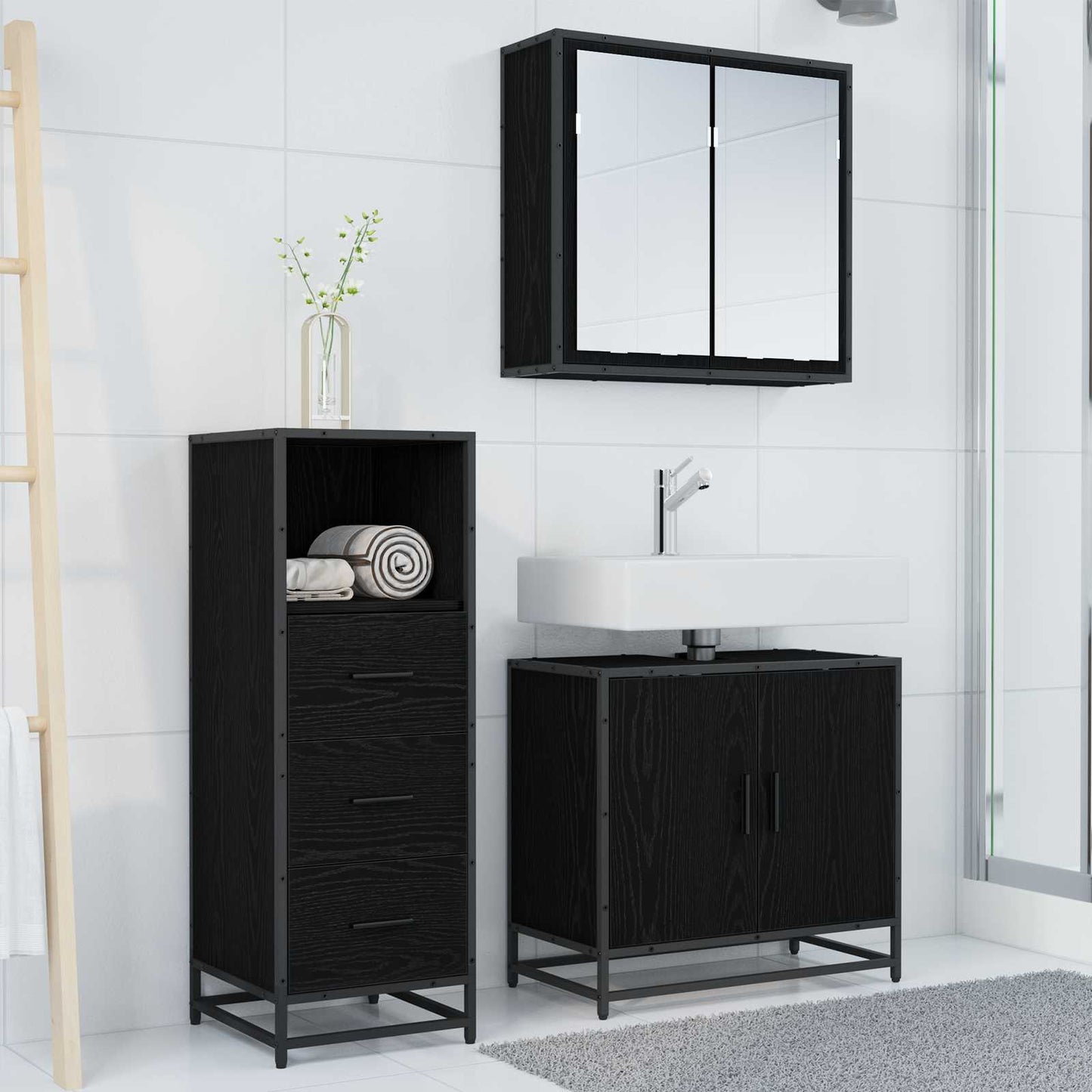 vidaXL Badezimmermöbel-Set 3 pcs Schwarz Eichen-Optik Holzwerkstoff