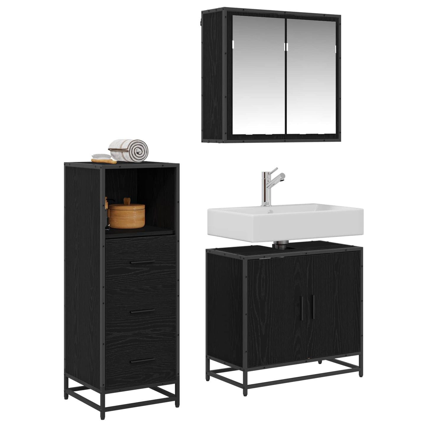 vidaXL Badezimmermöbel-Set 3 pcs Schwarz Eichen-Optik Holzwerkstoff