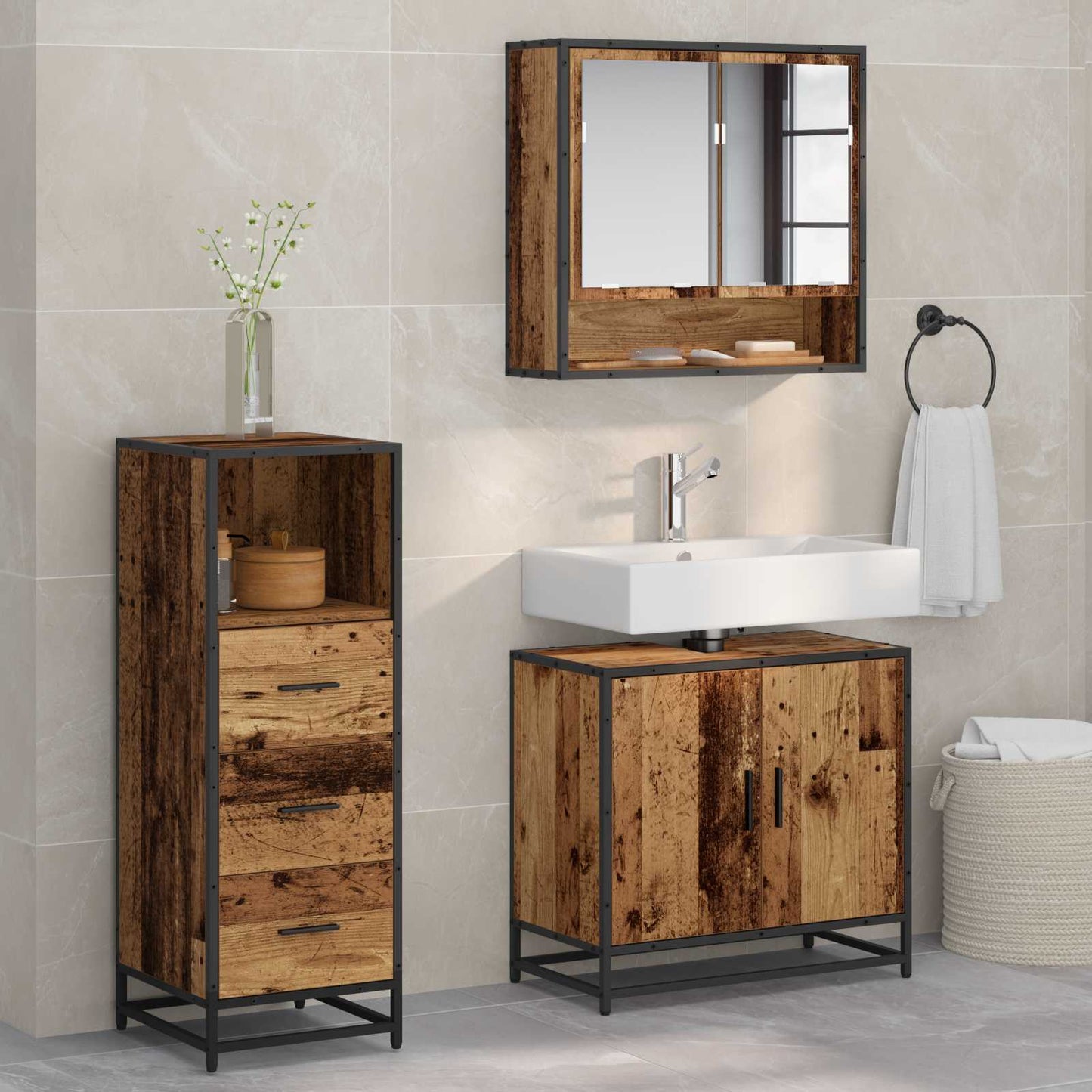 vidaXL Badezimmermöbel-Set mit Schubladen 3 pcs Altholz Holzwerkstoff