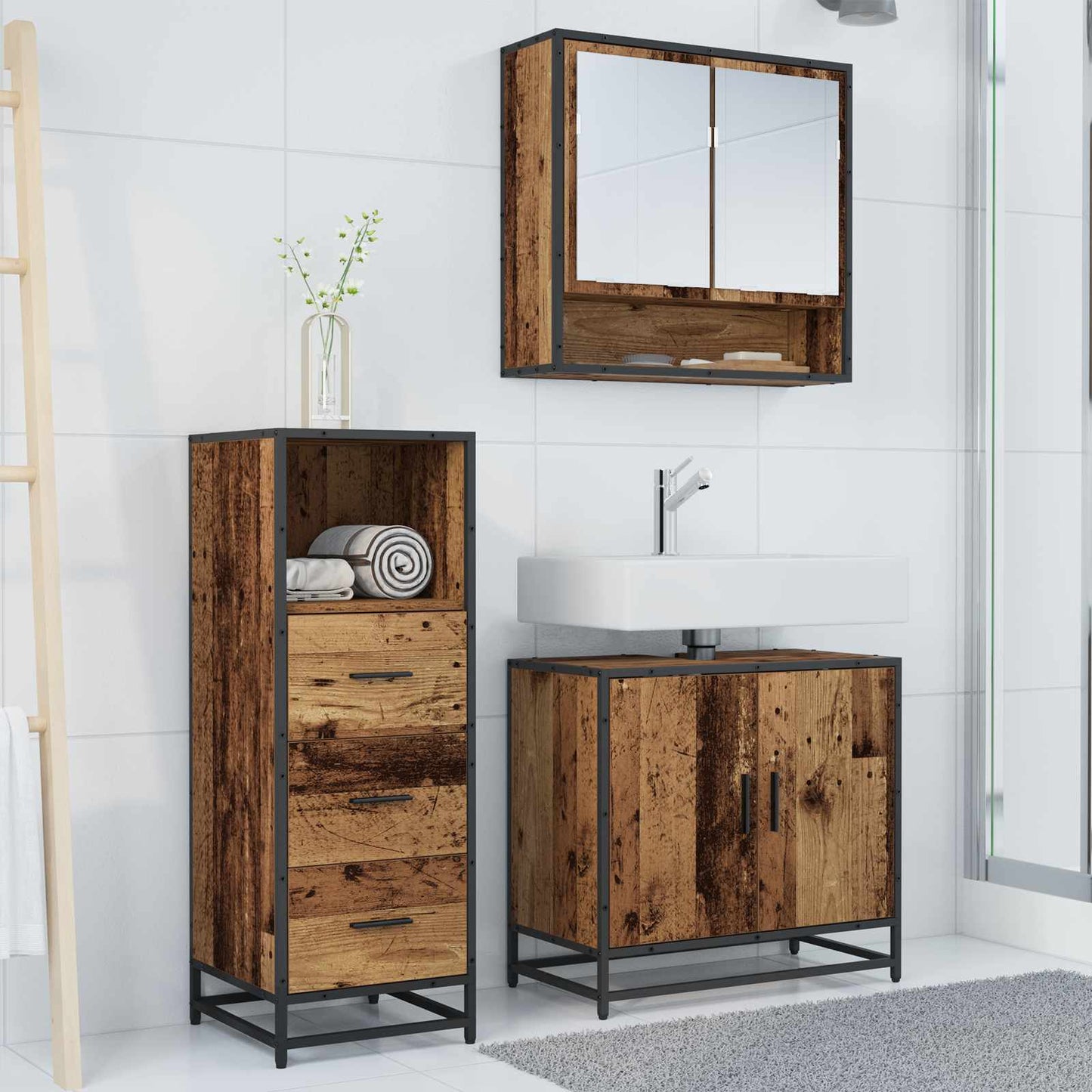 vidaXL Badezimmermöbel-Set mit Schubladen 3 pcs Altholz Holzwerkstoff