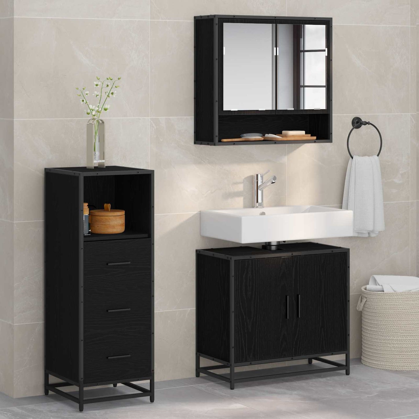 vidaXL Badezimmermöbel-Set 3 pcs Schwarz Eichen-Optik Holzwerkstoff