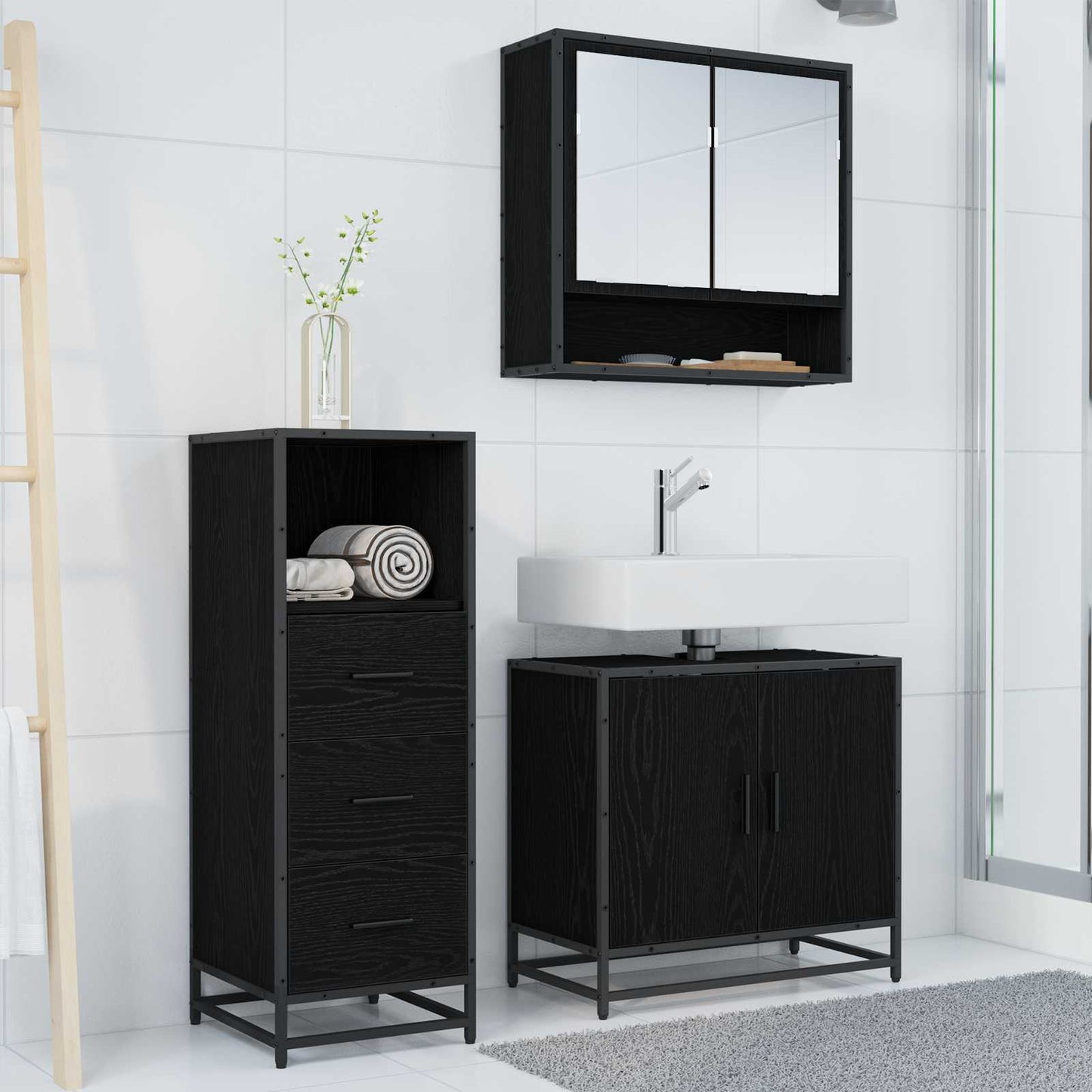 vidaXL Badezimmermöbel-Set 3 pcs Schwarz Eichen-Optik Holzwerkstoff