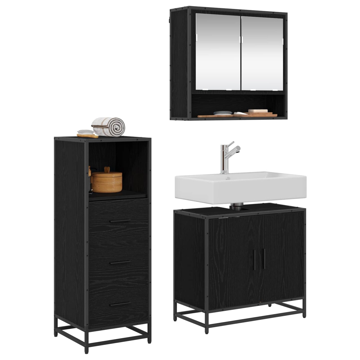 vidaXL Badezimmermöbel-Set 3 pcs Schwarz Eichen-Optik Holzwerkstoff