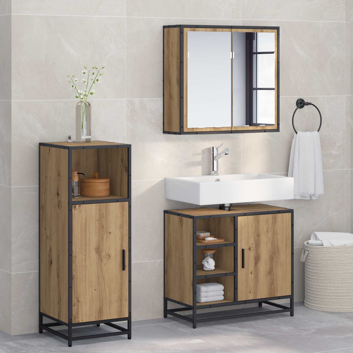 vidaXL Badezimmermöbel-Set mit Regal 3 pcs Artisan-Eiche Holzwerkstoff