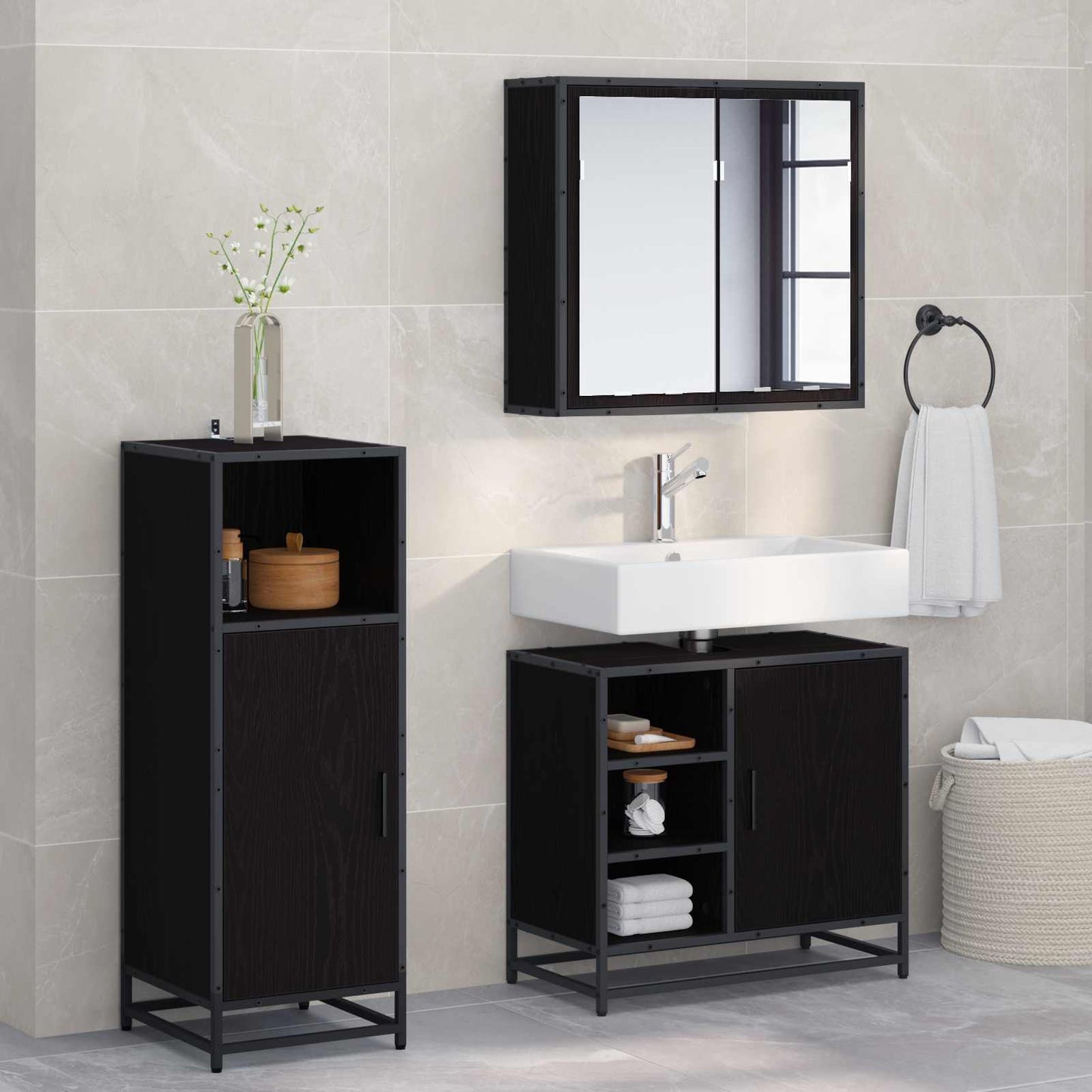 vidaXL Badezimmermöbel-Set 3 pcs Schwarz Eichen-Optik Holzwerkstoff