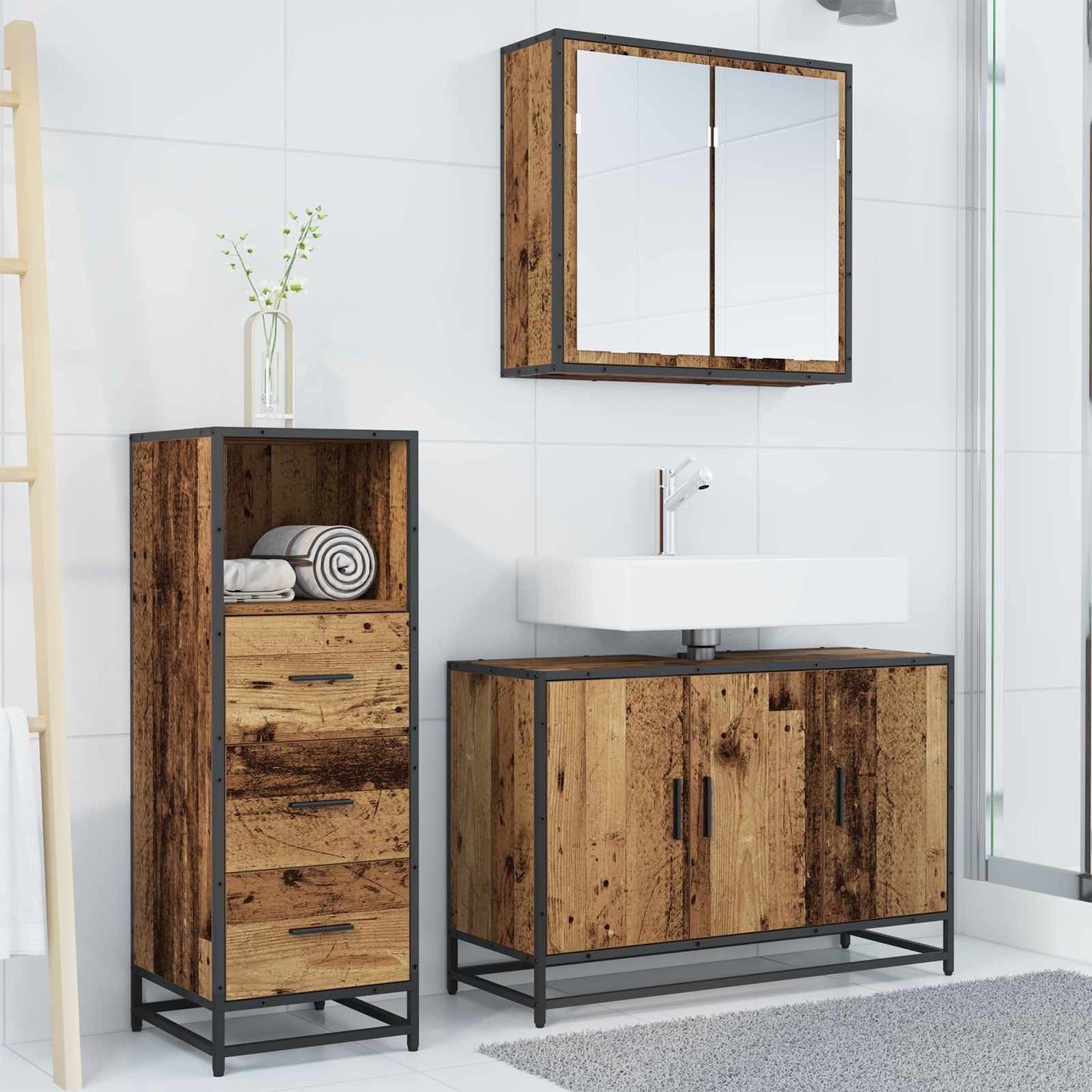 vidaXL Badezimmermöbel-Set mit Schubladen 3 pcs Altholz Holzwerkstoff